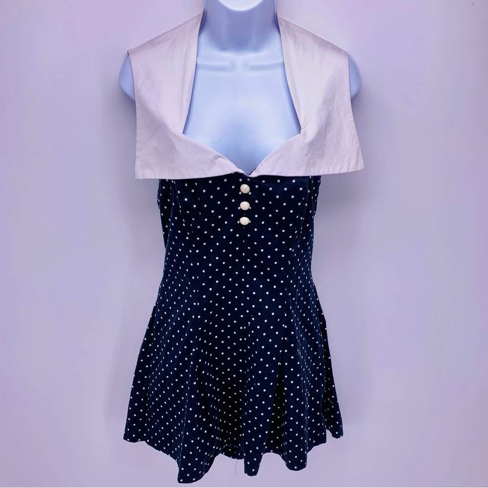 Hell Bunny Navy Polka Dot Sailor Romper with White Collar